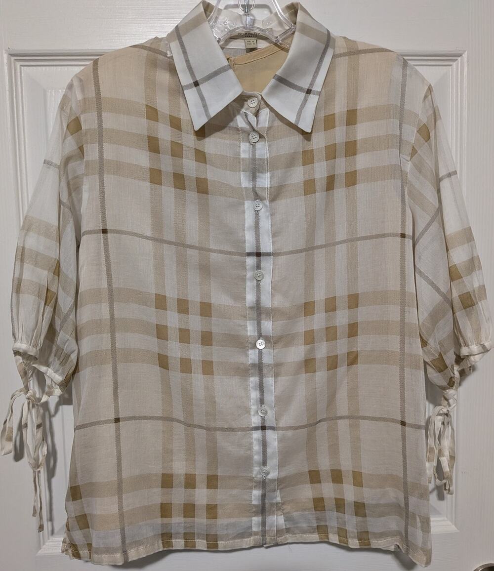 Burberry London Nova Check Tie Sleeve Blouse Shirt Top Beige Plaid UK 14 US 12